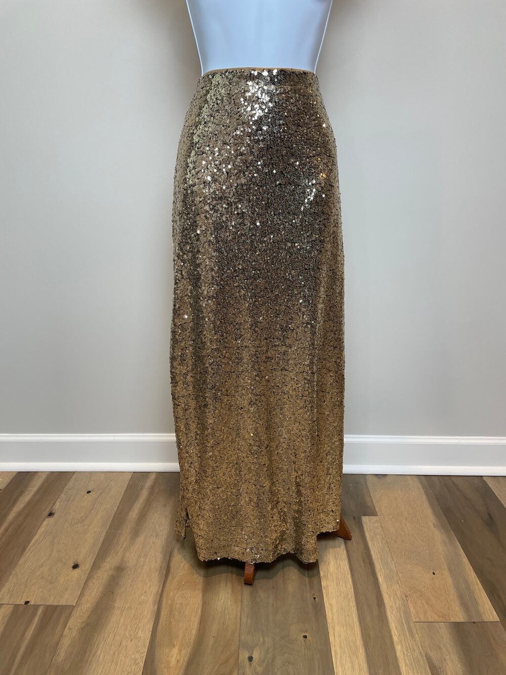 Gianni Bini Gold Sequin Maxi Skirt Black Underlay Zip Back Size L